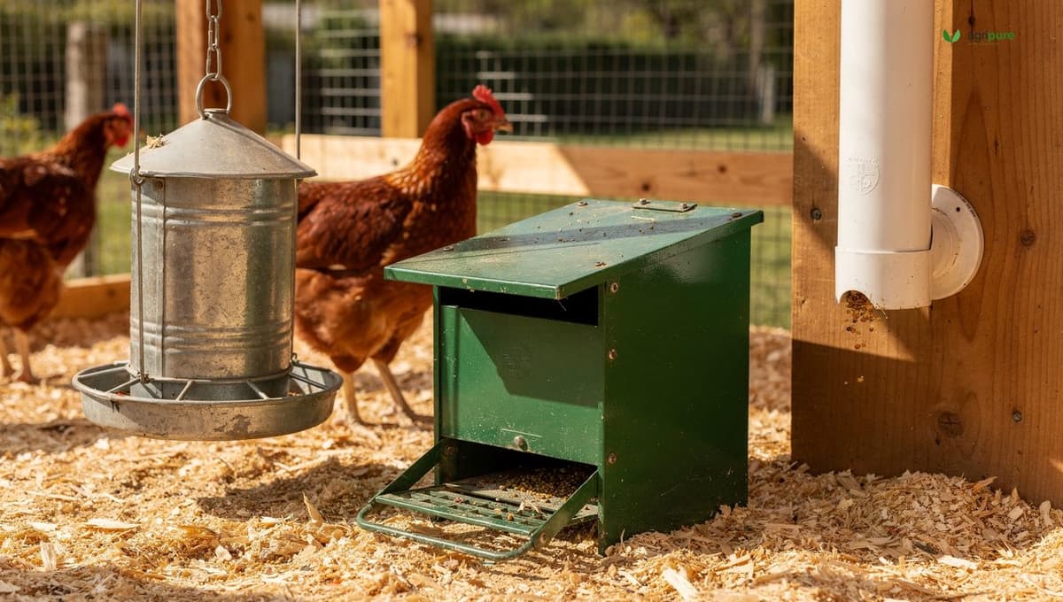 Three backyard chicken feeders side by side on a homestead: a galvanized hanging gravity tube feeder, a metal treadle feeder with a step plate, and a white PVC pipe feeder