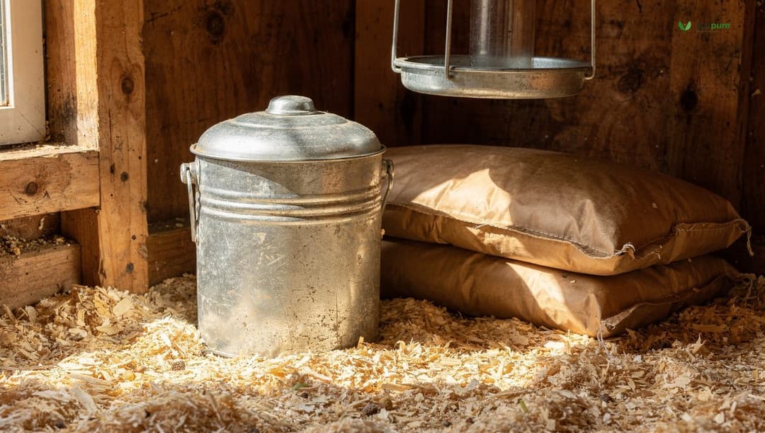 A galvanized metal feed storage can with a tight lid beside stacked feed sacks in a clean coop, with a hanging feeder raised off the bedding to reduce spillage