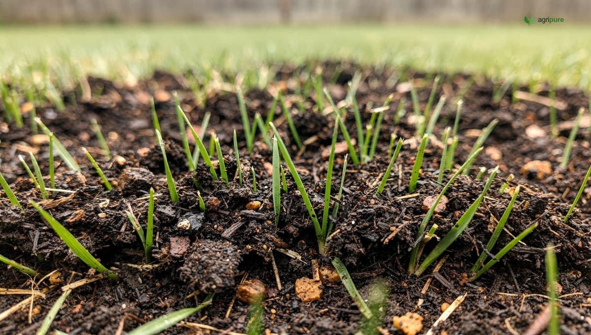 A close-up of a thin quarter-inch layer of dark crumbly compost raked across green grass, the blade tips poking through