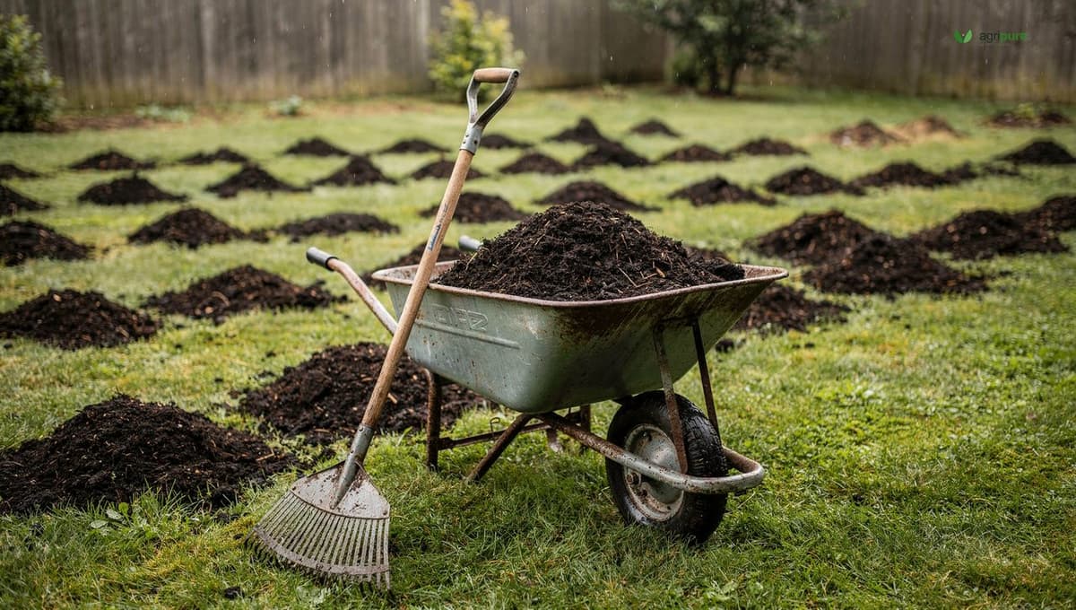 A wheelbarrow of dark finished compost beside small evenly spaced piles on a green lawn, with a metal leaf rake ready to spread them