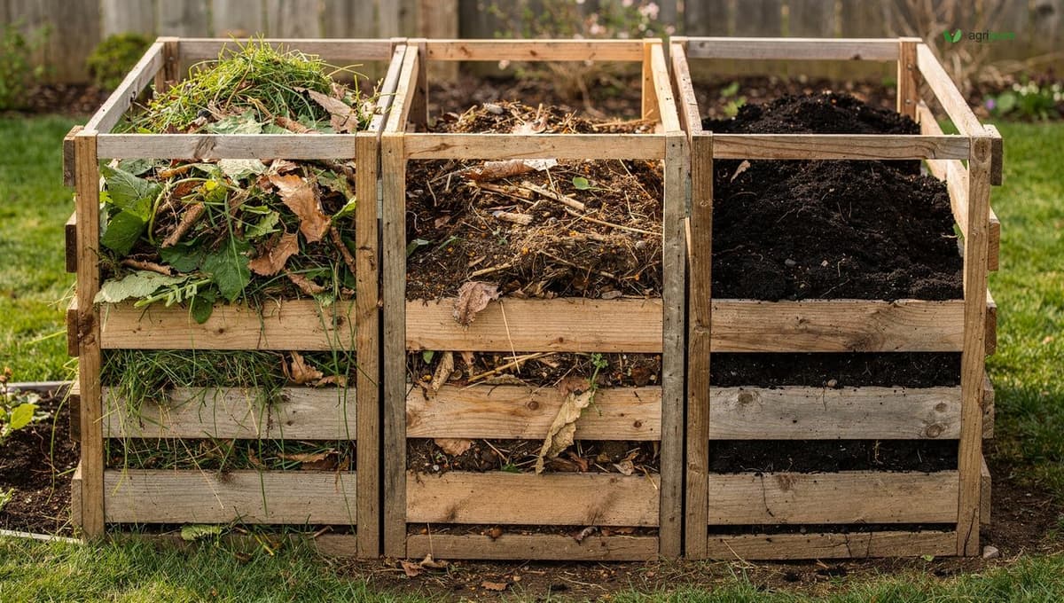 A row of three wooden compost bins in a backyard, one full of fresh material and one of finished dark compost