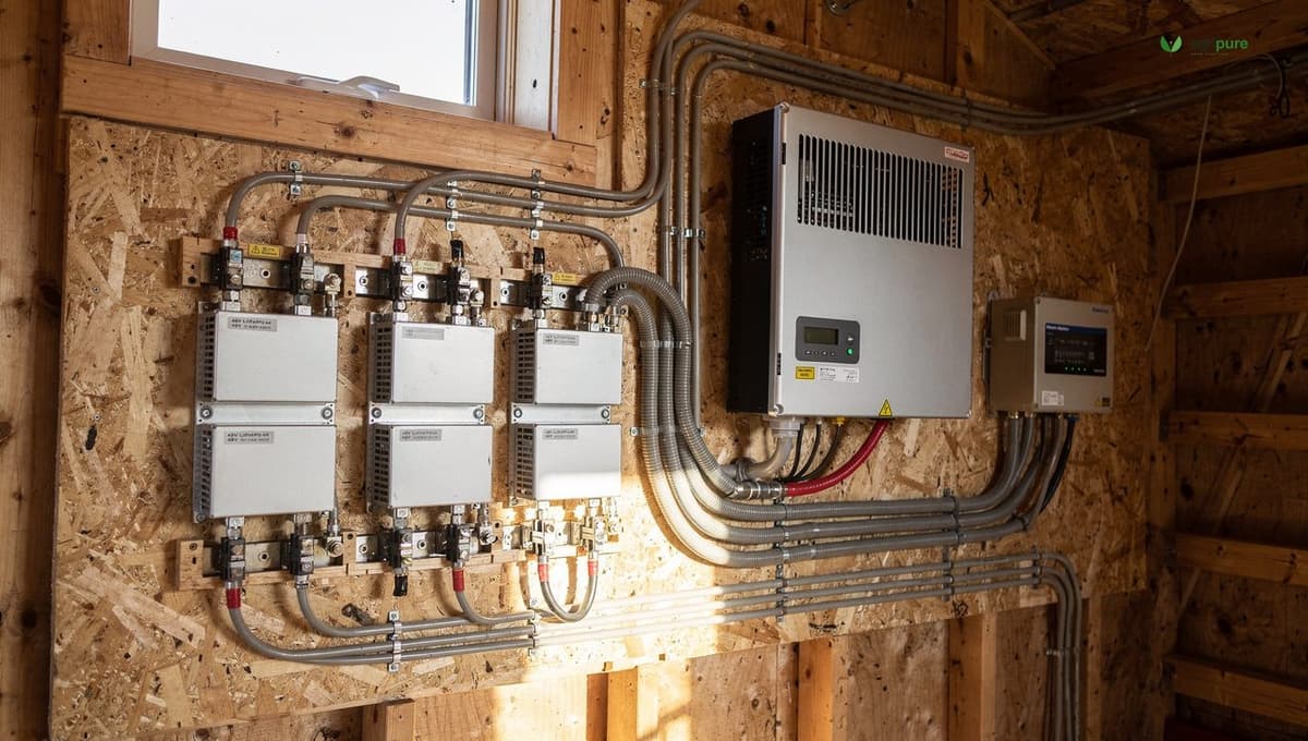 Inside an off-grid cabin: a wall-mounted 48V battery bank, MPPT charge controller, hybrid inverter, neat conduit and DC fuses
