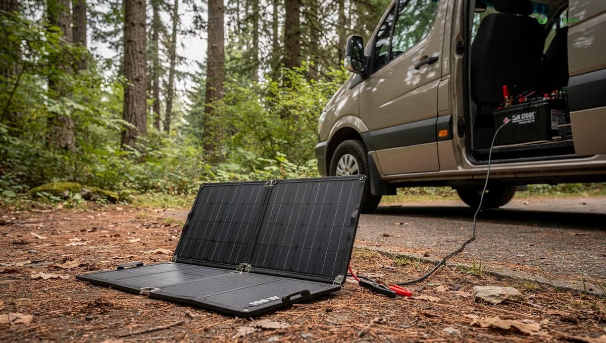 A 100 W foldable solar panel deployed in front of a campervan, alligator clips running to a deep-cycle battery
