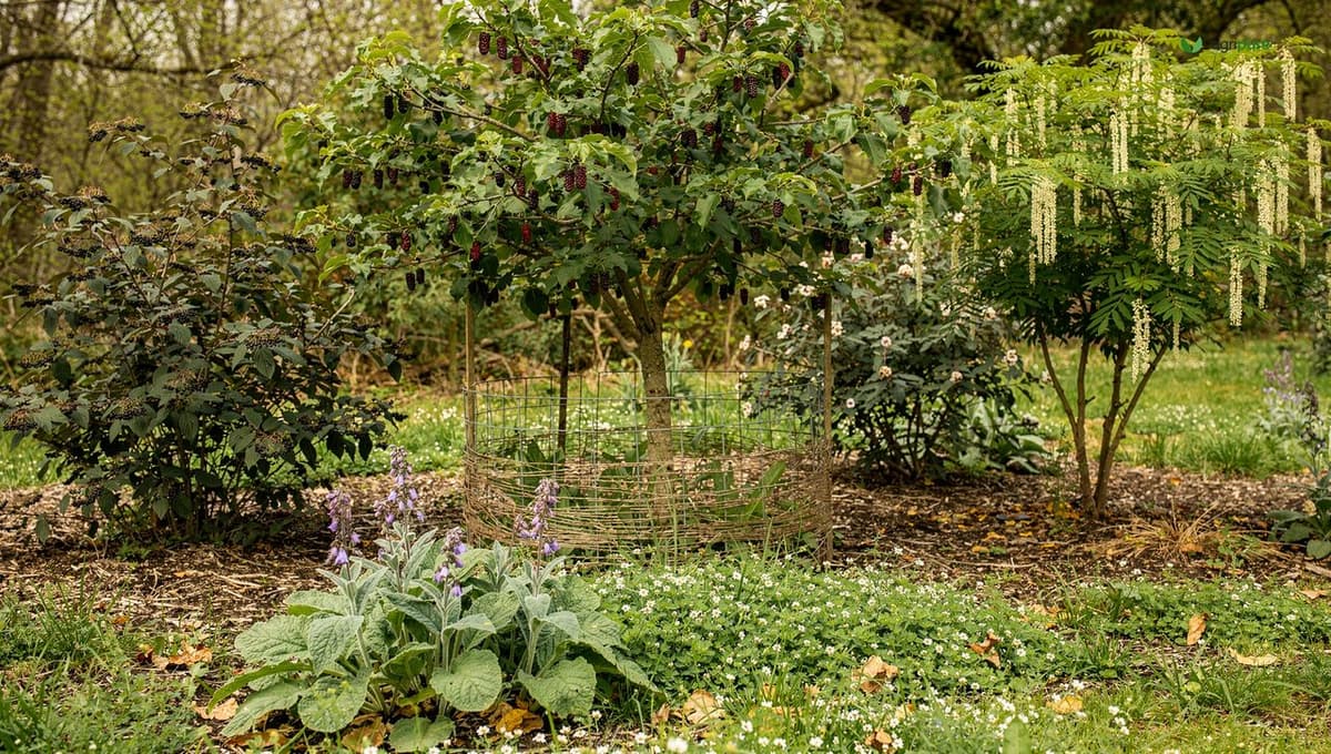 Mulberry, elderberry, and black locust over comfrey and white clover - a chicken food-forest layer system on a small homestead, no birds visible