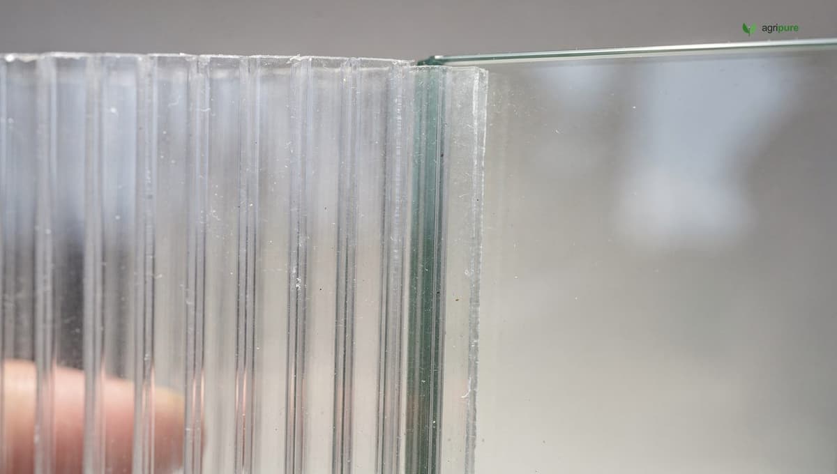 A twin-wall polycarbonate greenhouse panel with hollow channels next to a clear pane of greenhouse glass, showing the difference in structure and transparency, no people