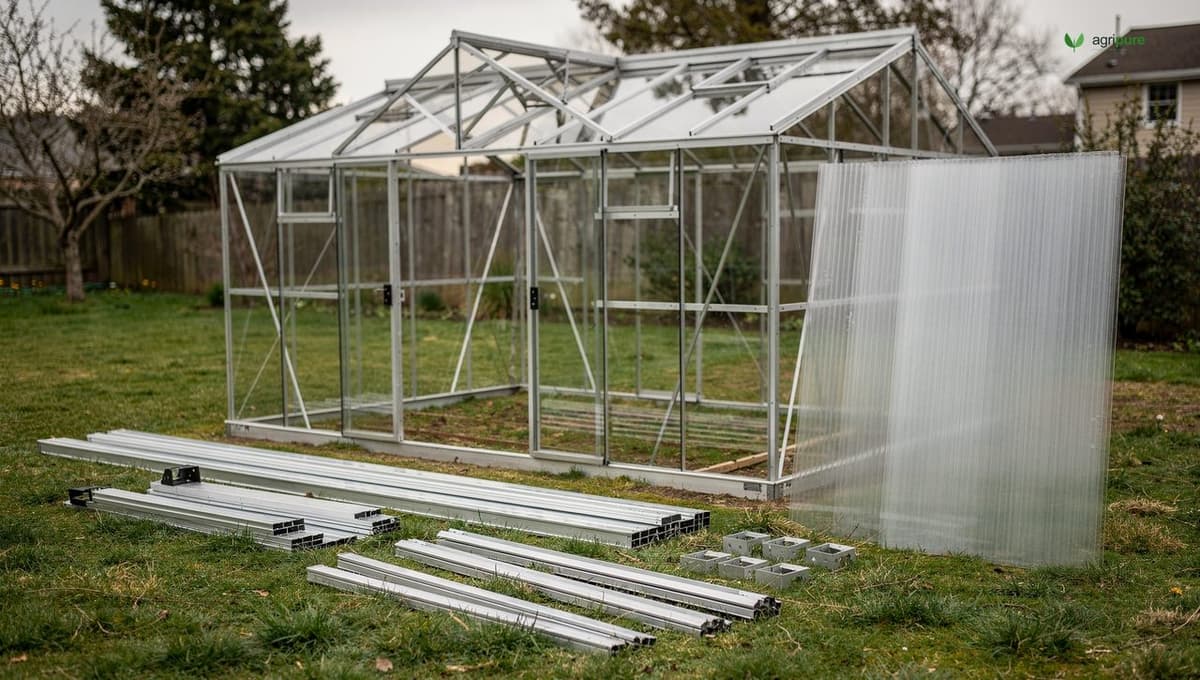 A flat-pack greenhouse kit being assembled in a backyard, aluminum frame parts and polycarbonate panels laid out with a half-built frame standing, no people