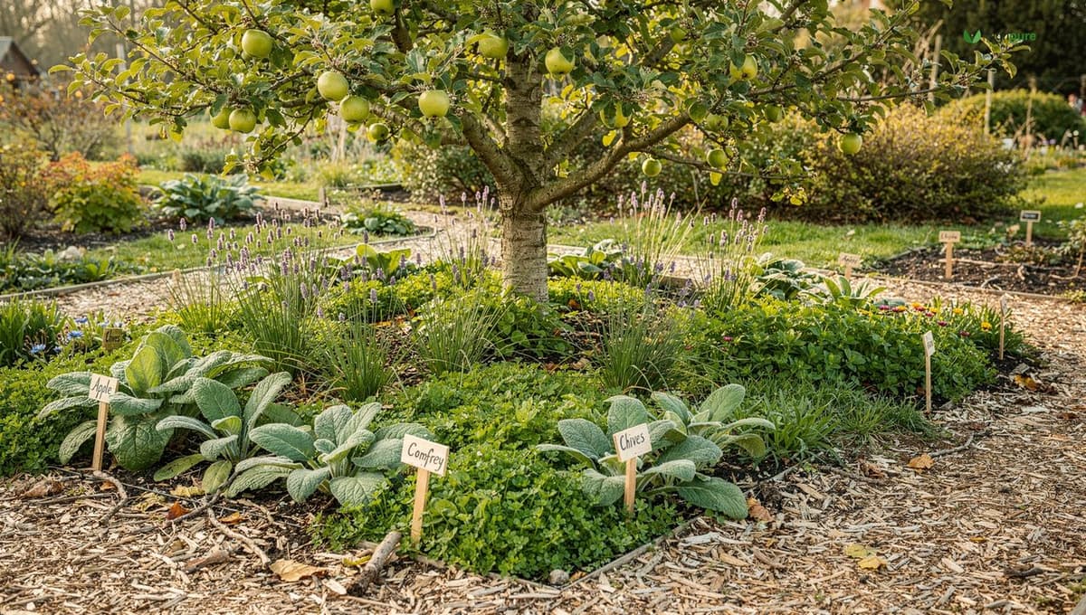 An apple tree underplanted with comfrey, chives, and clover over wood-chip mulch, a classic fruit tree guild in late spring