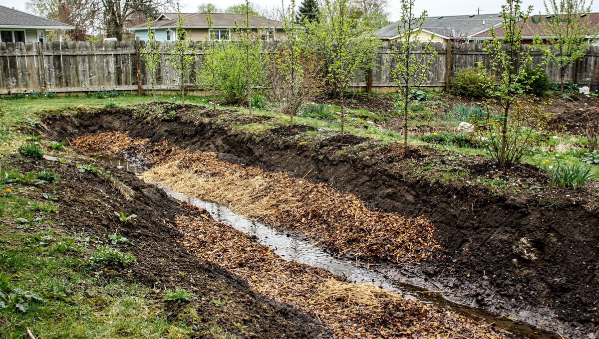 A mulched swale on contour in a backyard, holding rainwater beside a row of young fruit trees planted on the berm