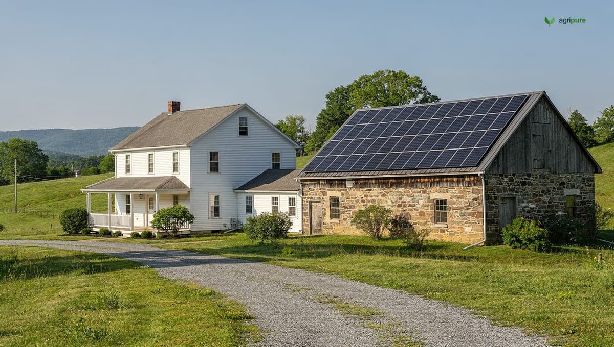 A rural Pennsylvania property with a farmhouse, a bank barn, and solar panels under a clear sky