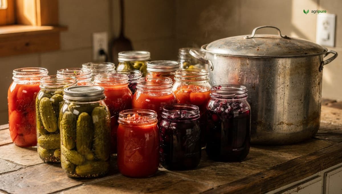 A homestead counter covered with jars of home-canned tomatoes, pickles, and jam beside a large canning pot