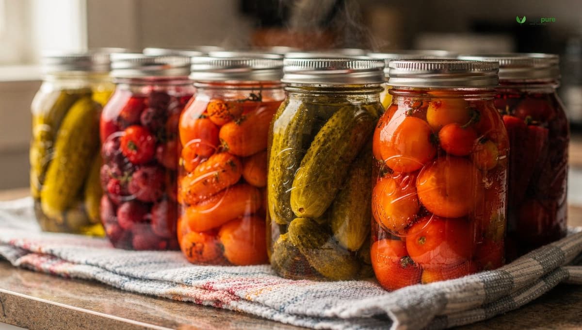 Rows of sealed glass canning jars filled with colorful preserved vegetables cooling on a kitchen towel