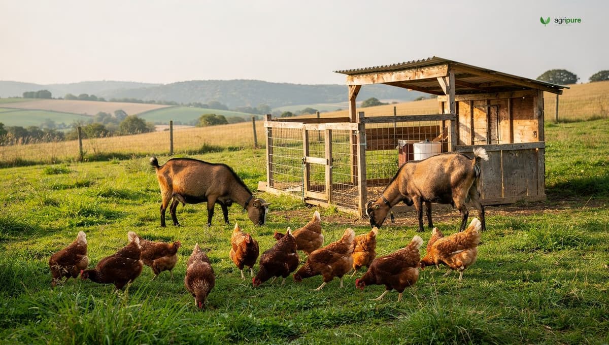 A small flock of hens and two goats on green pasture beside a simple wooden shelter on a one-acre homestead