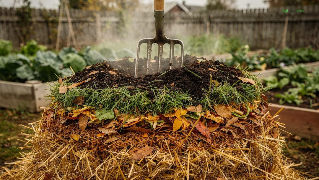 A compost pile built in alternating layers of brown straw and dry leaves with green kitchen scraps and grass clippings, a garden fork standing in the dark material