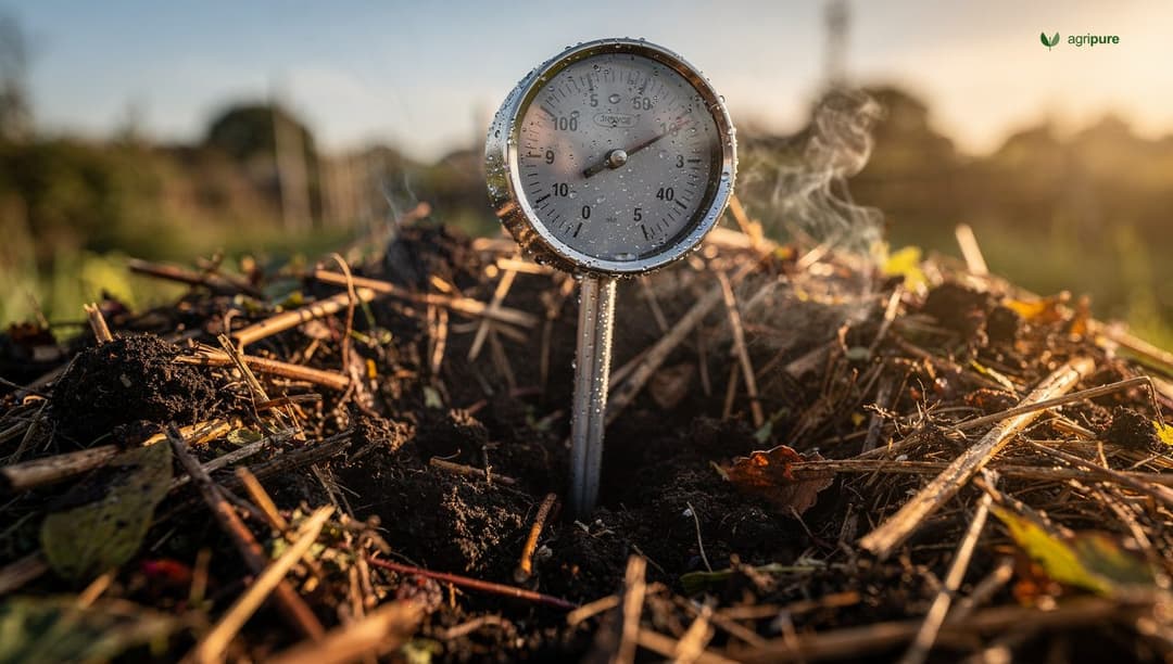 A long-stem dial compost thermometer pushed into the center of a steaming dark compost pile, with faint heat haze rising and brown straw visible