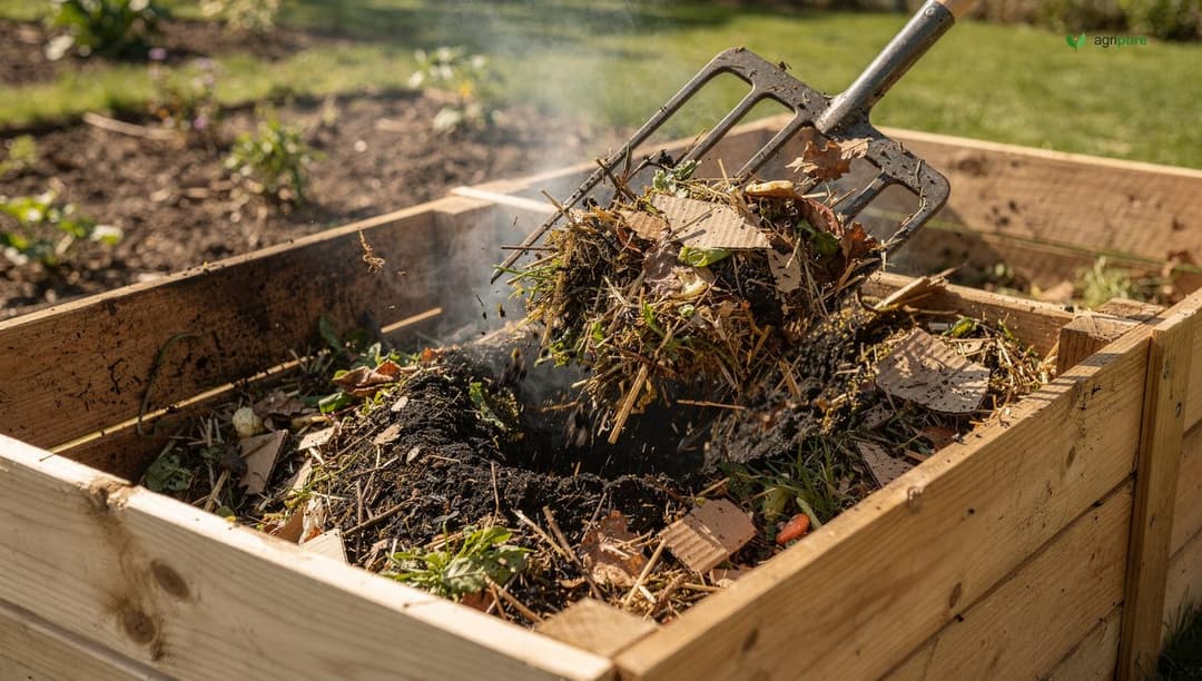 A garden pitchfork turning a large dark compost pile in a wooden three-bin system, moving outer material into the steaming hot center