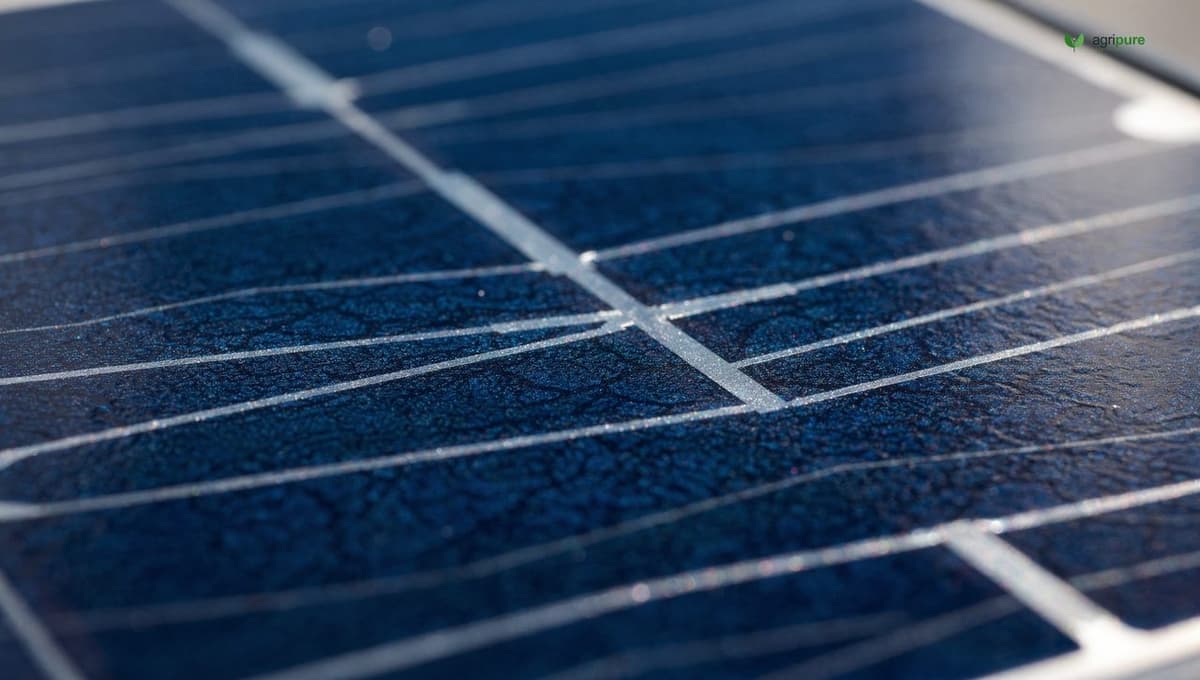 Close-up of a blue monocrystalline solar cell showing the thin silver gridlines that carry electrons off the wafer