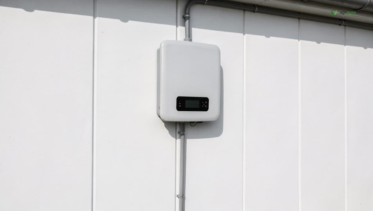 A wall-mounted residential string inverter with a small LCD display, conduit running up to the roof, mounted on an exterior wall