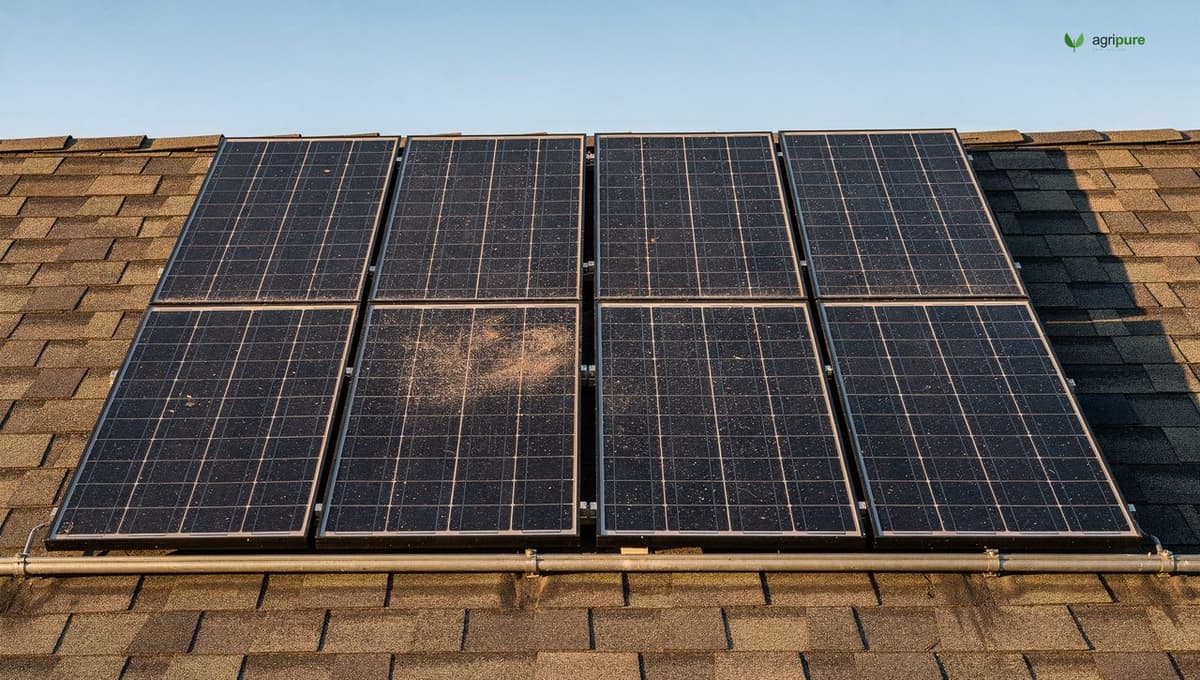 A mature residential rooftop solar array in afternoon light, twelve panels in two rows, conduit visible at the edge