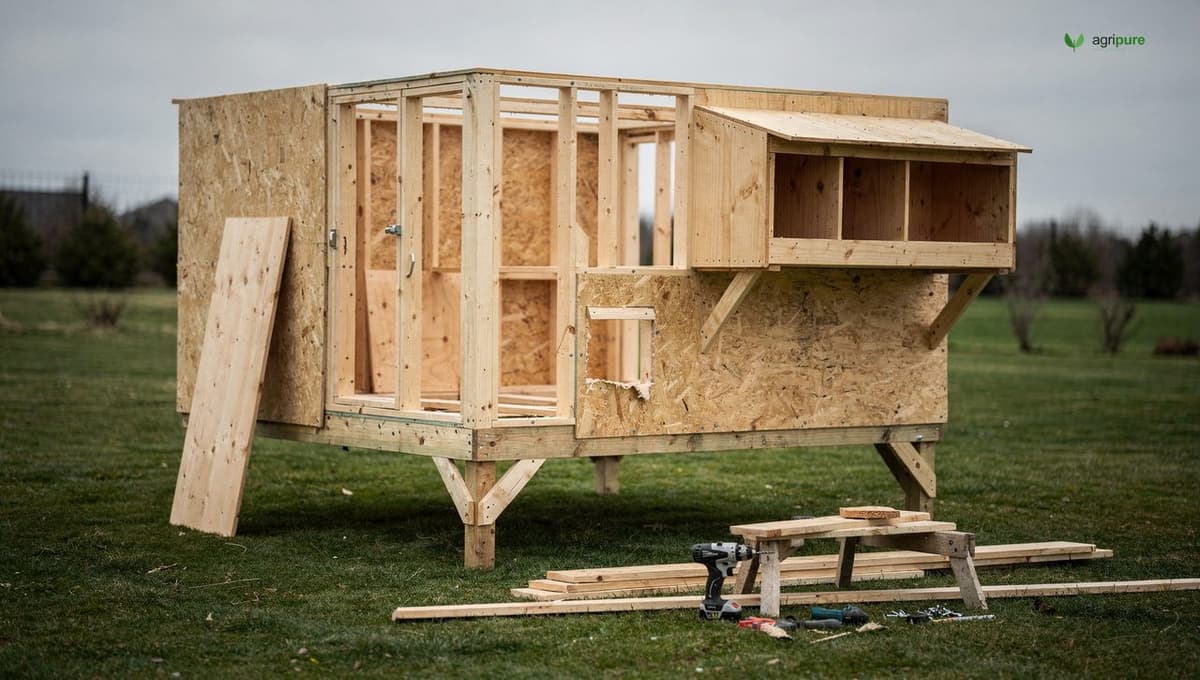 A part-built backyard chicken coop frame raised on four corner posts, plywood walls partly attached, an external nesting box bump-out and a small pop door framed, no people