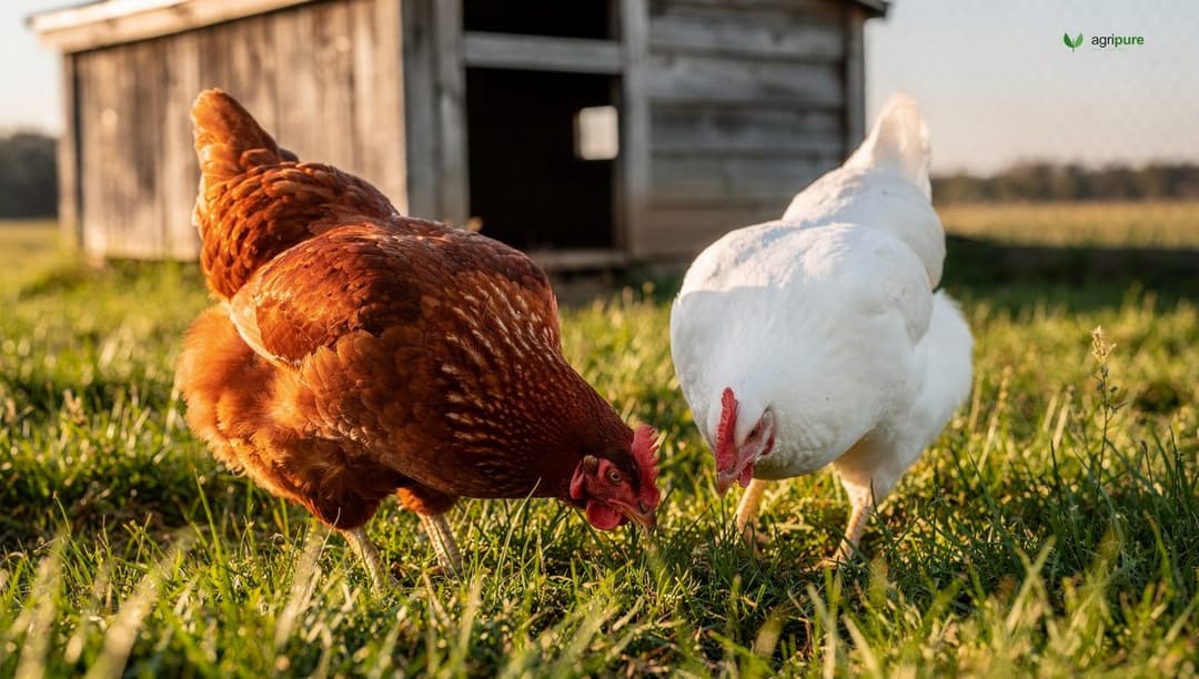 Rhode Island Red and white Leghorn laying hens foraging on grass beside a wooden coop on a small chicken farm