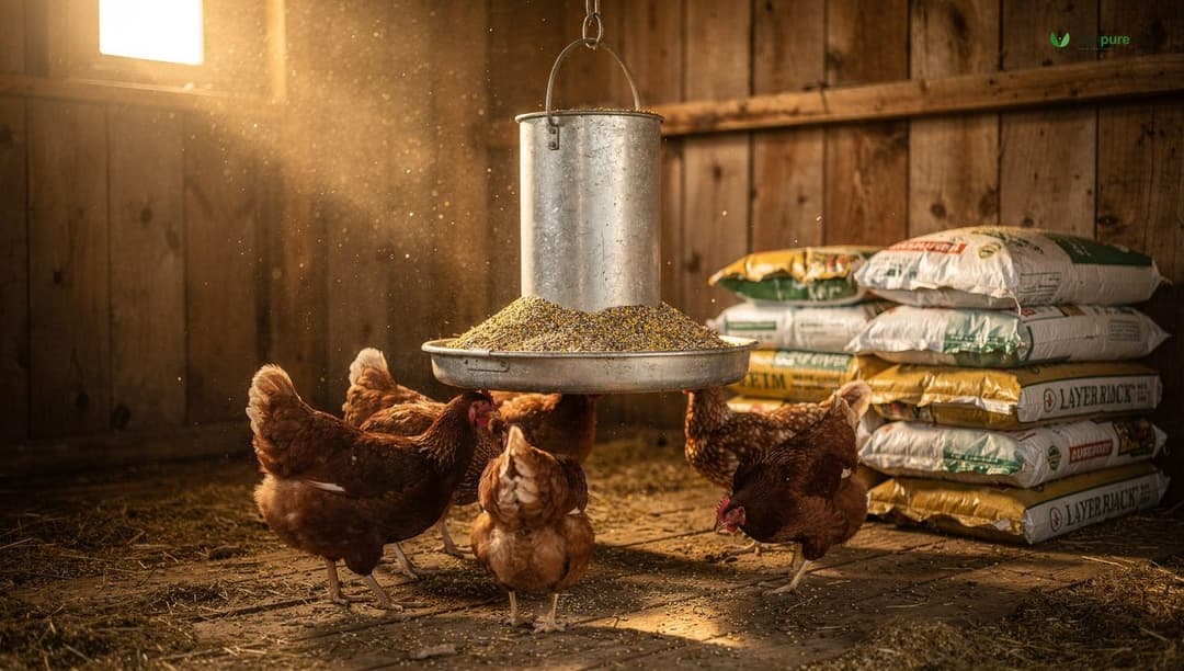 A galvanized hanging feeder full of grain with hens feeding around it inside a coop, layer feed bags stacked nearby