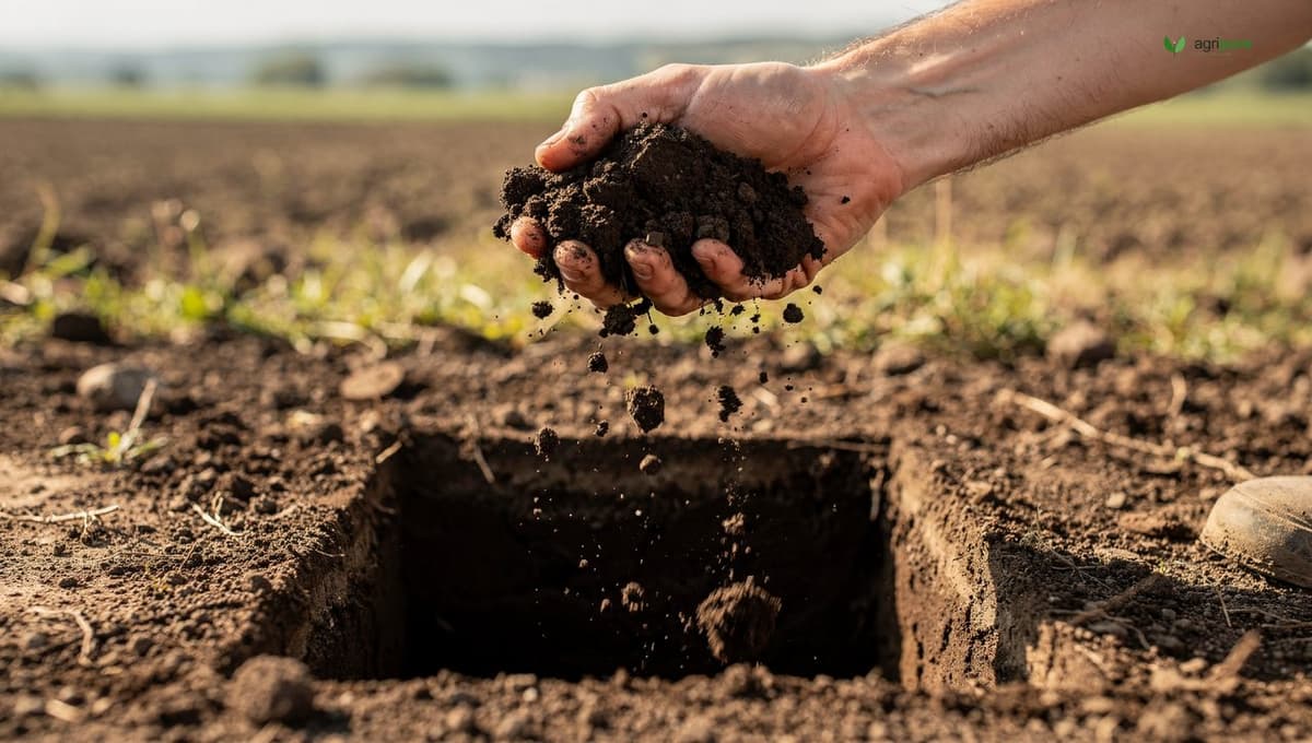 A hand squeezing a clump of dark loamy soil over a freshly dug test hole in a rural field