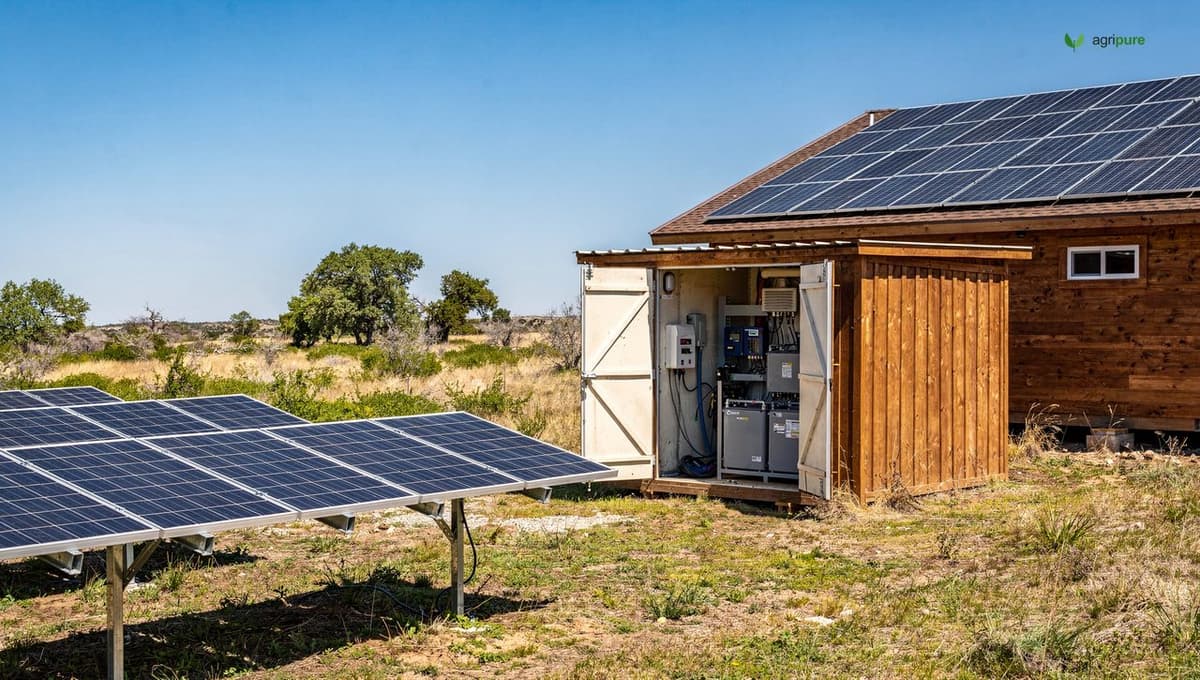 An array of roof and ground-mounted solar panels beside an off-grid cabin with a battery shed, clear sky