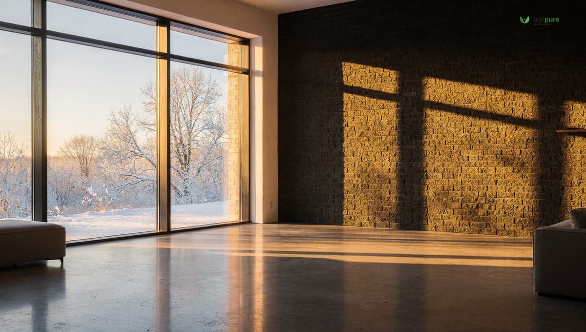Winter afternoon sun streaming through large south-facing windows onto a polished concrete floor and a dark brick thermal-mass wall inside a passive solar home