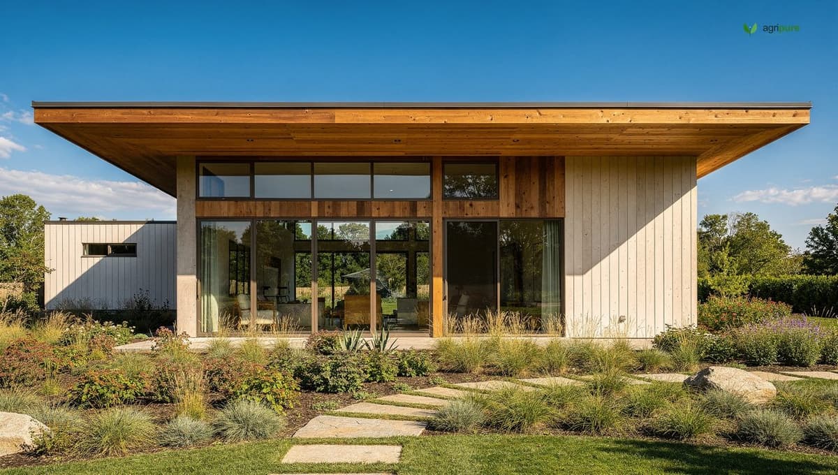 A deep horizontal roof overhang on a passive solar house casting a crisp shadow that shades the tall south-facing windows from high summer sun