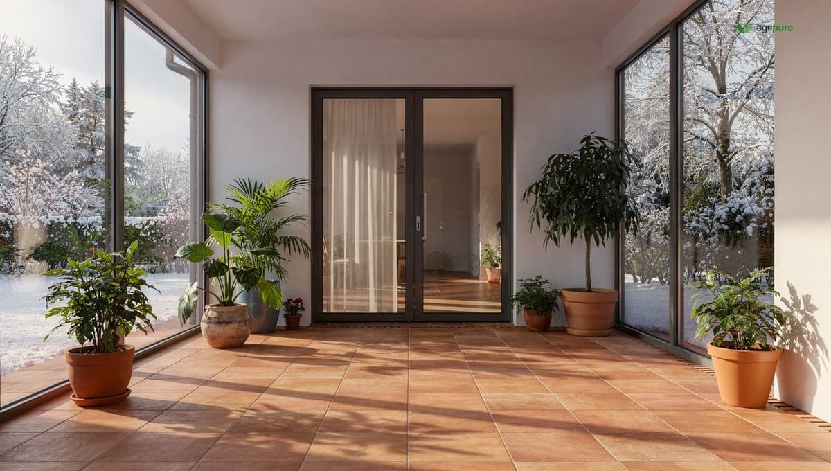 An attached glazed sunspace on the south side of a home with floor-to-ceiling windows and a tiled thermal-mass floor warmed by low winter sun, connected to the house by a glass door