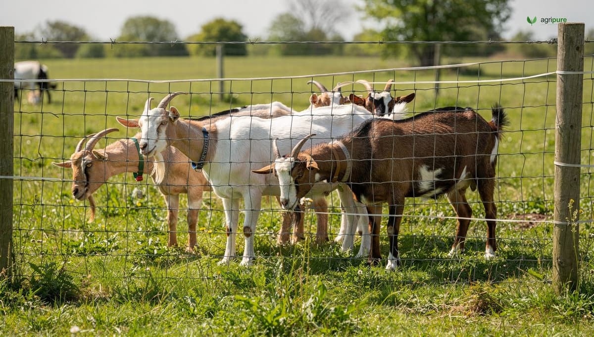 Dairy goats behind a sturdy tall woven-wire fence with an electric top wire on a green homestead paddock
