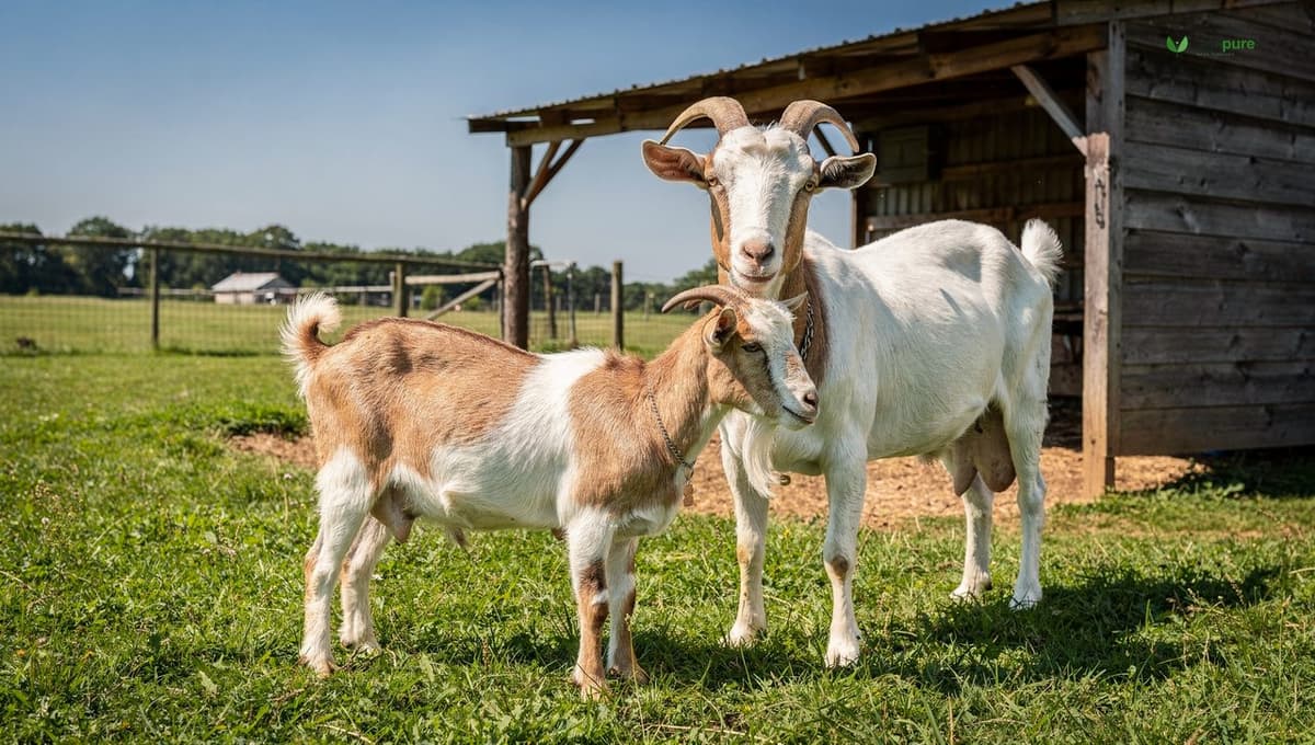 Two dairy goats of different breeds standing on green pasture beside a wooden shelter on a homestead