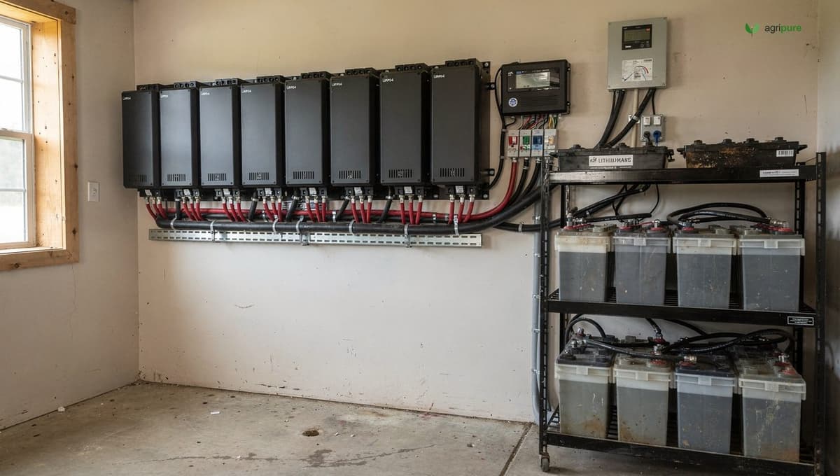 A row of black lithium iron phosphate battery modules mounted on a homestead utility-room wall beside a smaller bank of older lead-acid batteries for comparison