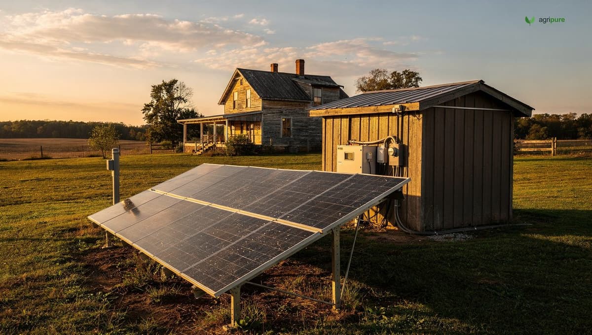 A rural homestead with a ground-mounted solar array at golden hour and a utility shed housing the battery storage system, panels angled toward the low sun