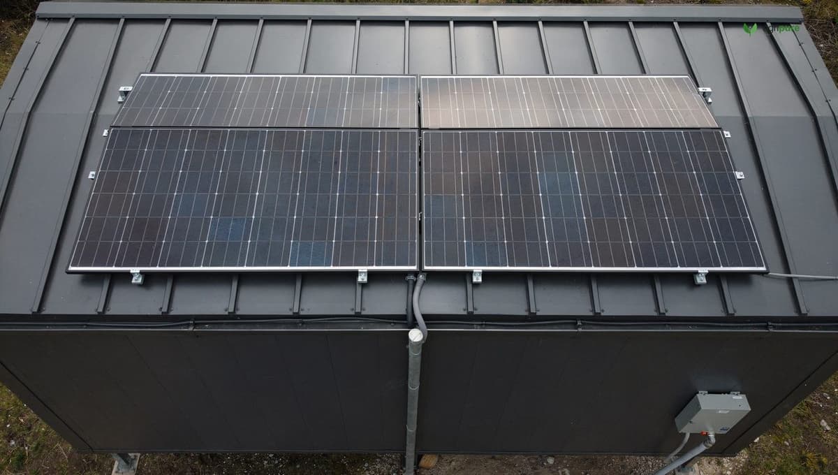 Two 300 W panels mounted flush on a tiny-house metal roof, conduit running to a side-wall electrical bay