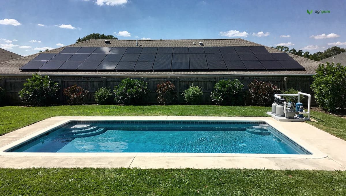 An in-ground backyard swimming pool beside a low roofline carrying black unglazed solar pool-heating collectors, sunny day, no people