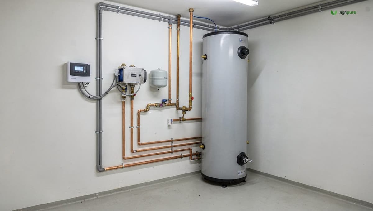 An insulated solar hot-water storage tank in a home utility room with a circulation pump, controller, and heat exchanger plumbed to the roof, no people