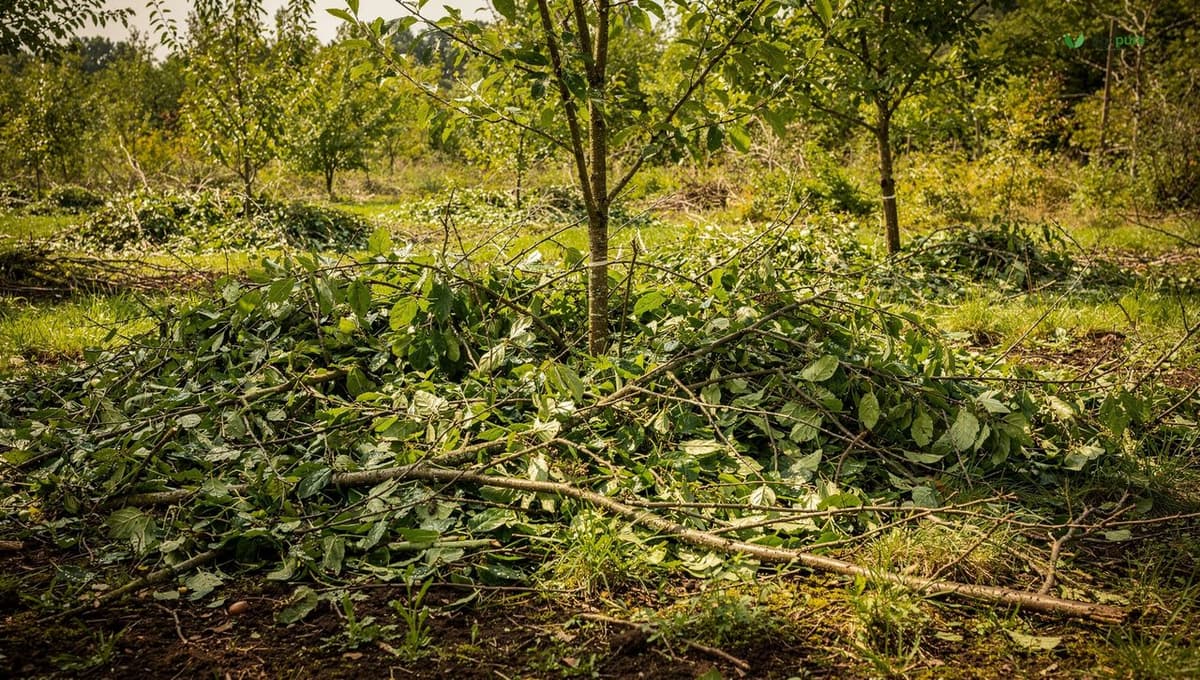 Cut green branches and leaves layered as mulch on the ground beneath young trees in a syntropic system after pruning