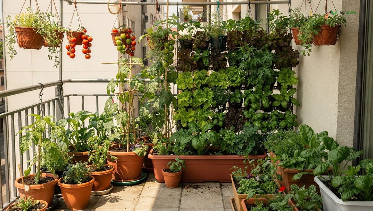 A balcony and small yard packed with container vegetables, vertical wall planters, and hanging baskets in summer