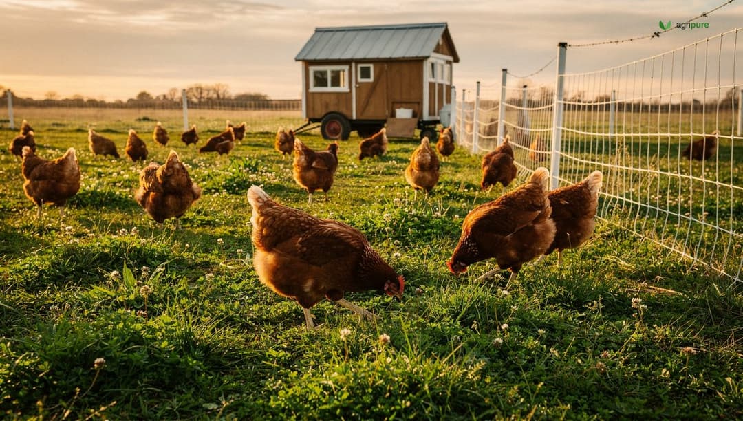 Free-ranging hens spread across a green pasture pecking at clover and grass, with a low electric poultry fence and a small mobile coop in the background