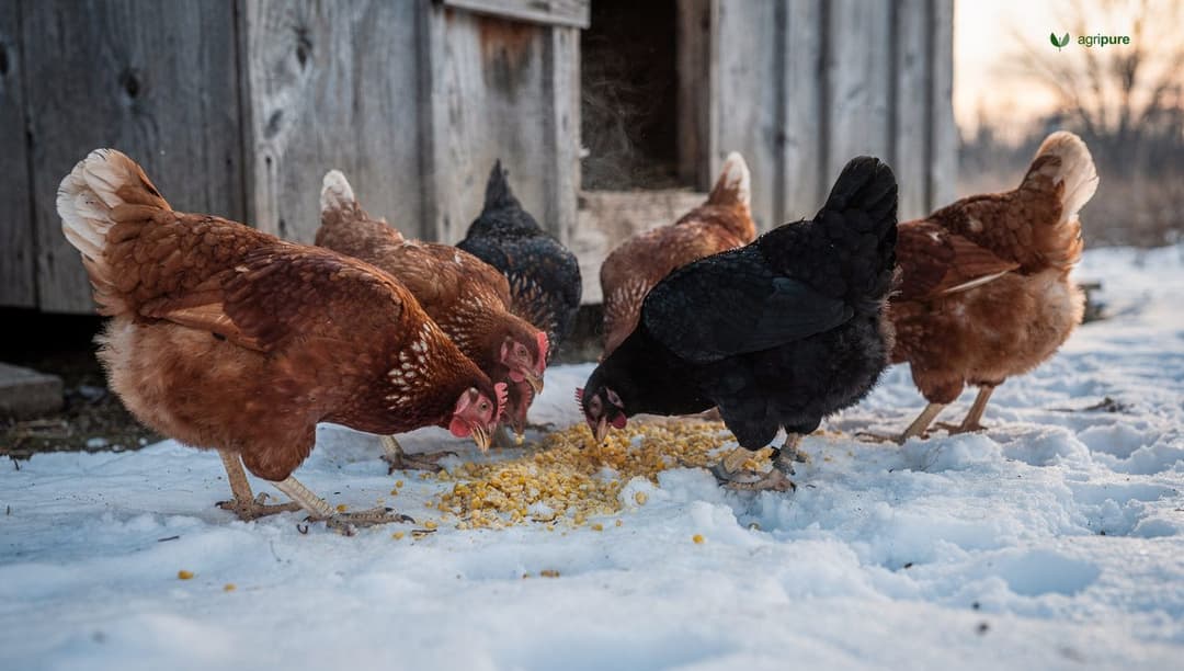 Brown and black hens standing on packed snow outside a wooden coop in winter, scratching at scattered cracked corn, their breath visible in the cold air