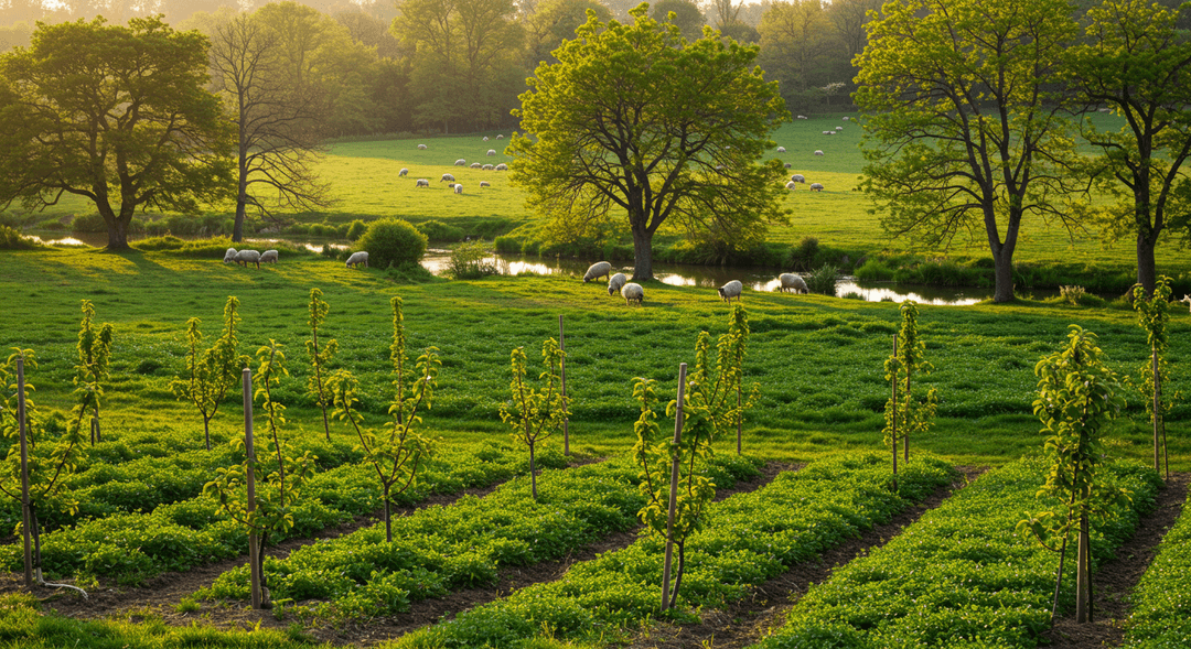 A photorealistic image of a diverse agroforestry farm. Rows of young fruit trees are interplanted with green cover crops in the foreground. In the mid-ground, sheep graze beneath mature deciduous trees, while a clear stream with a lush riparian buffer flows in the background under a warm, sunny sky. The scene exemplifies sustainable agriculture.