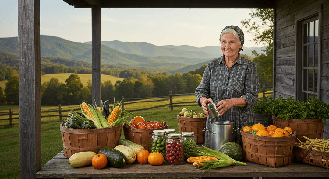 An older Appalachian woman with weathered hands and a warm expression is seated on a rustic wooden porch, meticulously canning jars filled with fresh vegetables. Around her are baskets overflowing with heritage crops like corn, green beans, and squash. In the background, gently rolling, verdant mountains extend under a clear sky, symbolizing the deep connection to the land and the tradition of self-reliance.