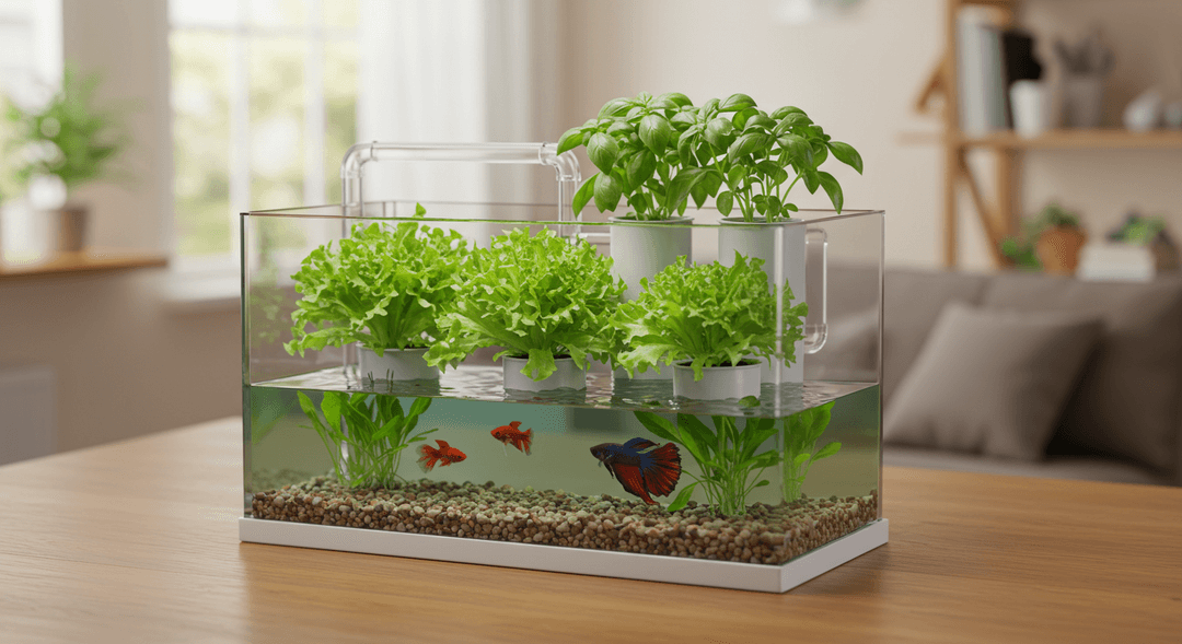 A serene desktop aquaponics system featuring a 10-gallon glass fish tank with a healthy betta fish, topped by a grow bed flourishing with green lettuce and basil plants, set on a light wooden table in a well-lit home interior.