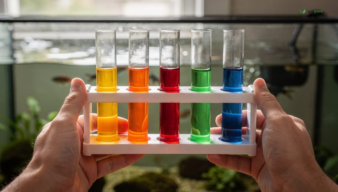Hands holding a liquid aquaponics water test kit over a fish tank, with test tubes showing ammonia, nitrite, nitrate, and pH readings in different colors