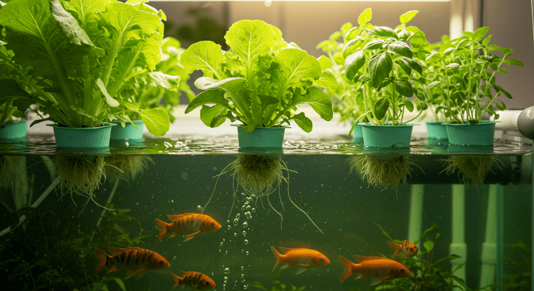 A photorealistic image of a thriving aquaponics system. Lush green lettuce and basil plants with visible roots grow from grow beds above a transparent fish tank where active tilapia swim in clear water, illuminated by soft sunlight.