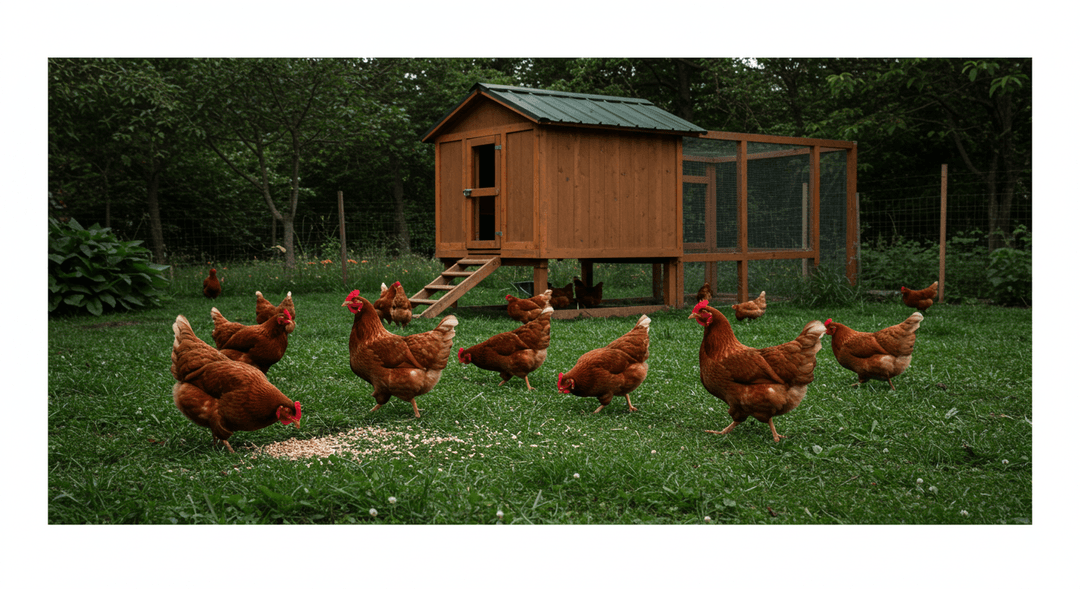 A small flock of healthy, colorful hens pecking at the ground in a well-kept backyard chicken run, with a clean wooden coop visible in the background under soft, natural lighting.