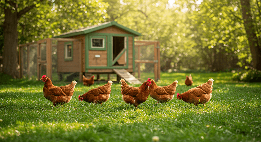 Five healthy laying hens of various breeds, including a red hen, a white hen, and a black and white striped hen, are scattered across a vibrant green lawn, pecking at the ground with a wooden chicken coop visible in the soft background. The scene suggests a thriving, small backyard chicken flock.