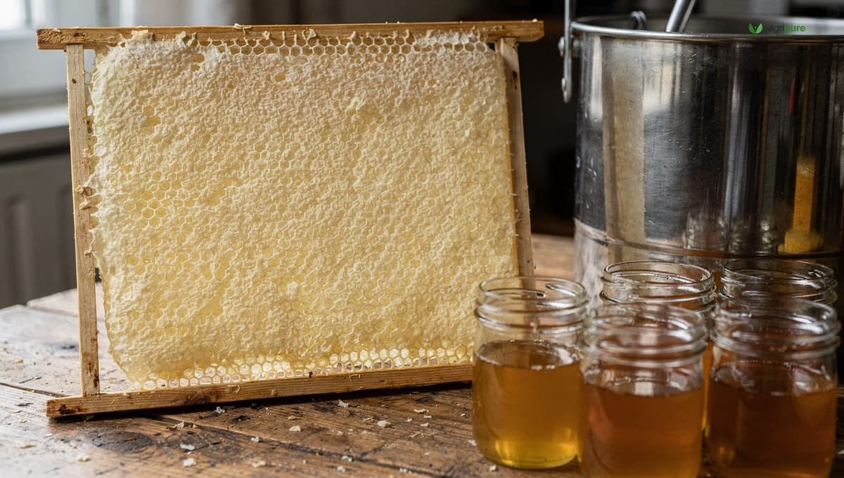 A frame of capped honey lifted from a hive, the hexagonal cells sealed with pale wax, beside a stainless steel honey extractor and jars of strained golden honey on a workbench