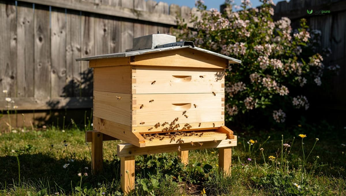 A ten-frame Langstroth hive in a backyard apiary on a low wooden stand, pale wooden boxes with a sloped telescoping lid, set in a sunny corner of a fenced yard with flowering shrubs behind it